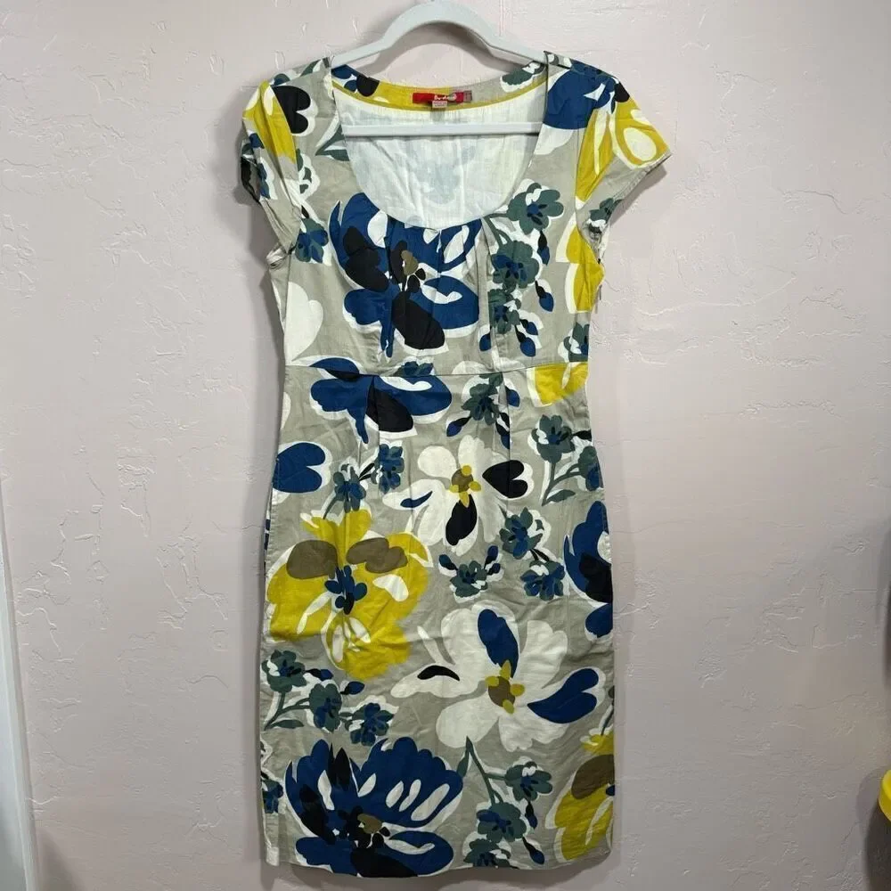 Boden Beige & Yellow Floral Short Sleeve Sheath Dress 8 Long